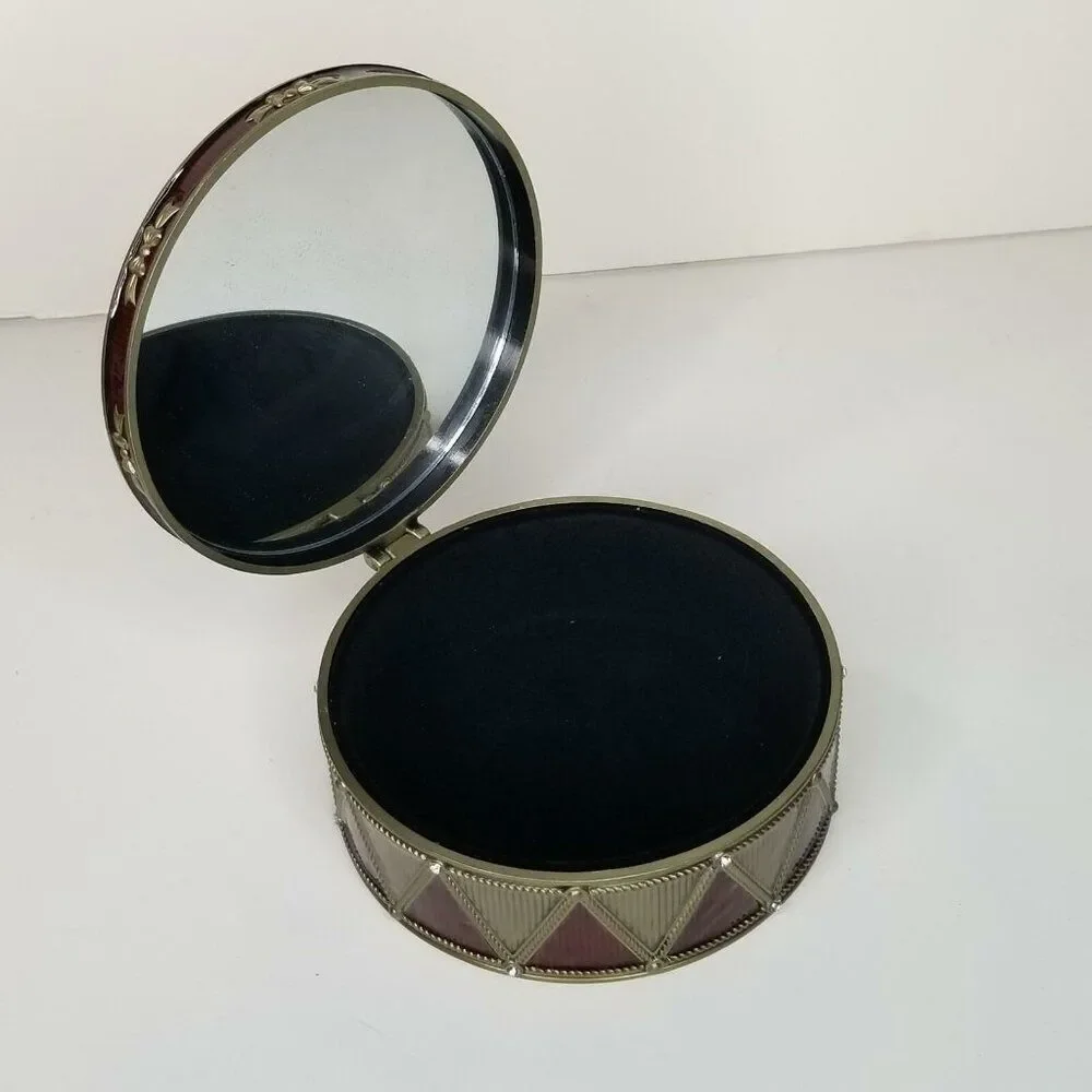Mirrored Jewelry Box Christmas Red Gold Ornaments Black Velvet Enamel
